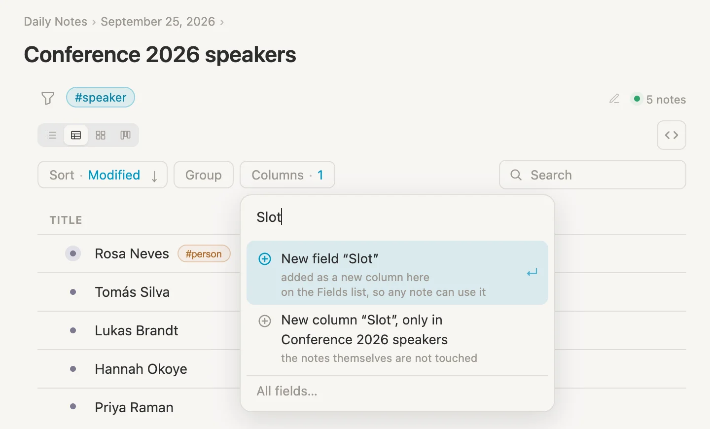 The Columns menu with Slot typed: New field Slot, and New column Slot, only in Conference 2026 speakers
