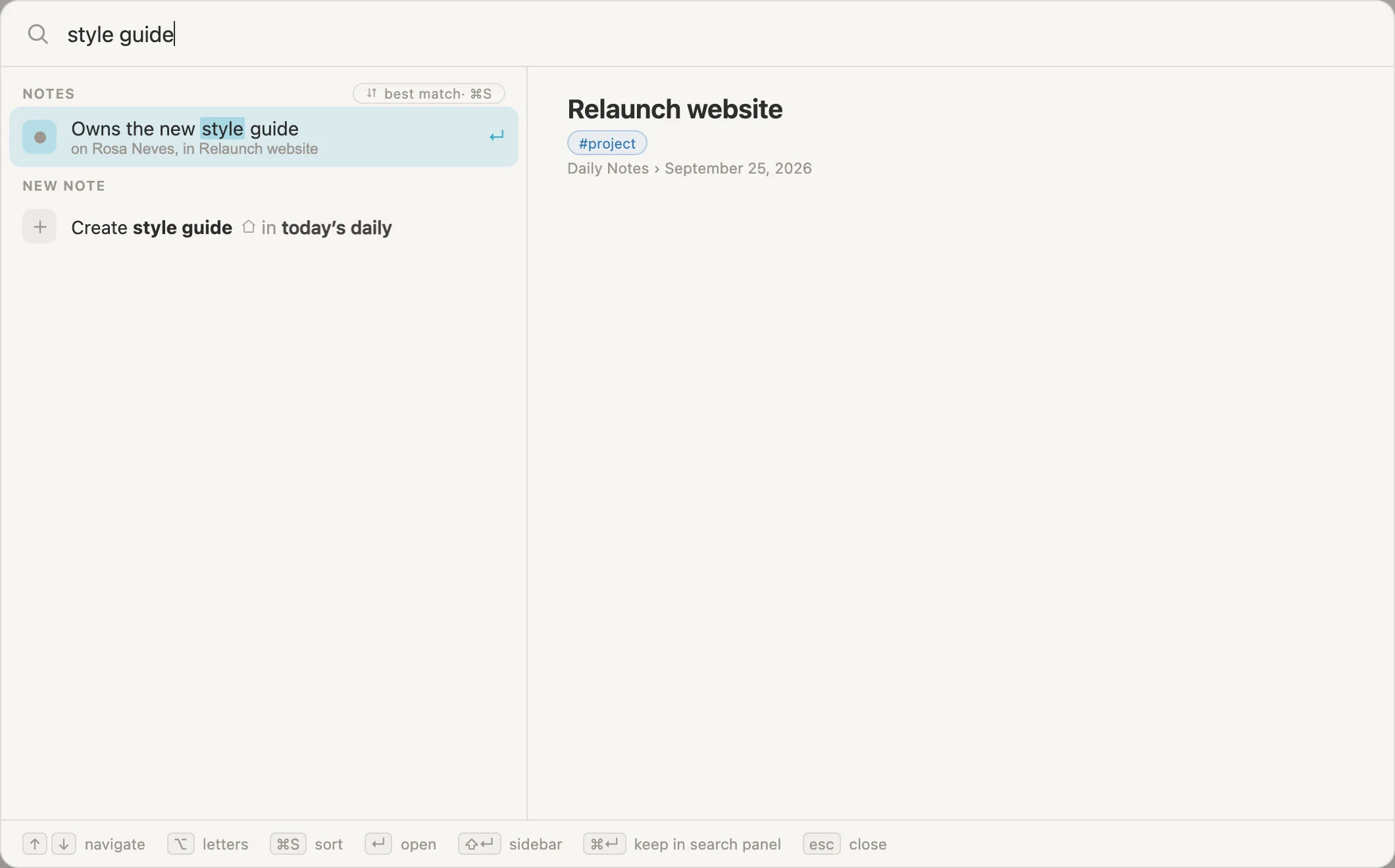 The search box with style guide typed, finding Owns the new style guide, on Rosa Neves, in Relaunch website