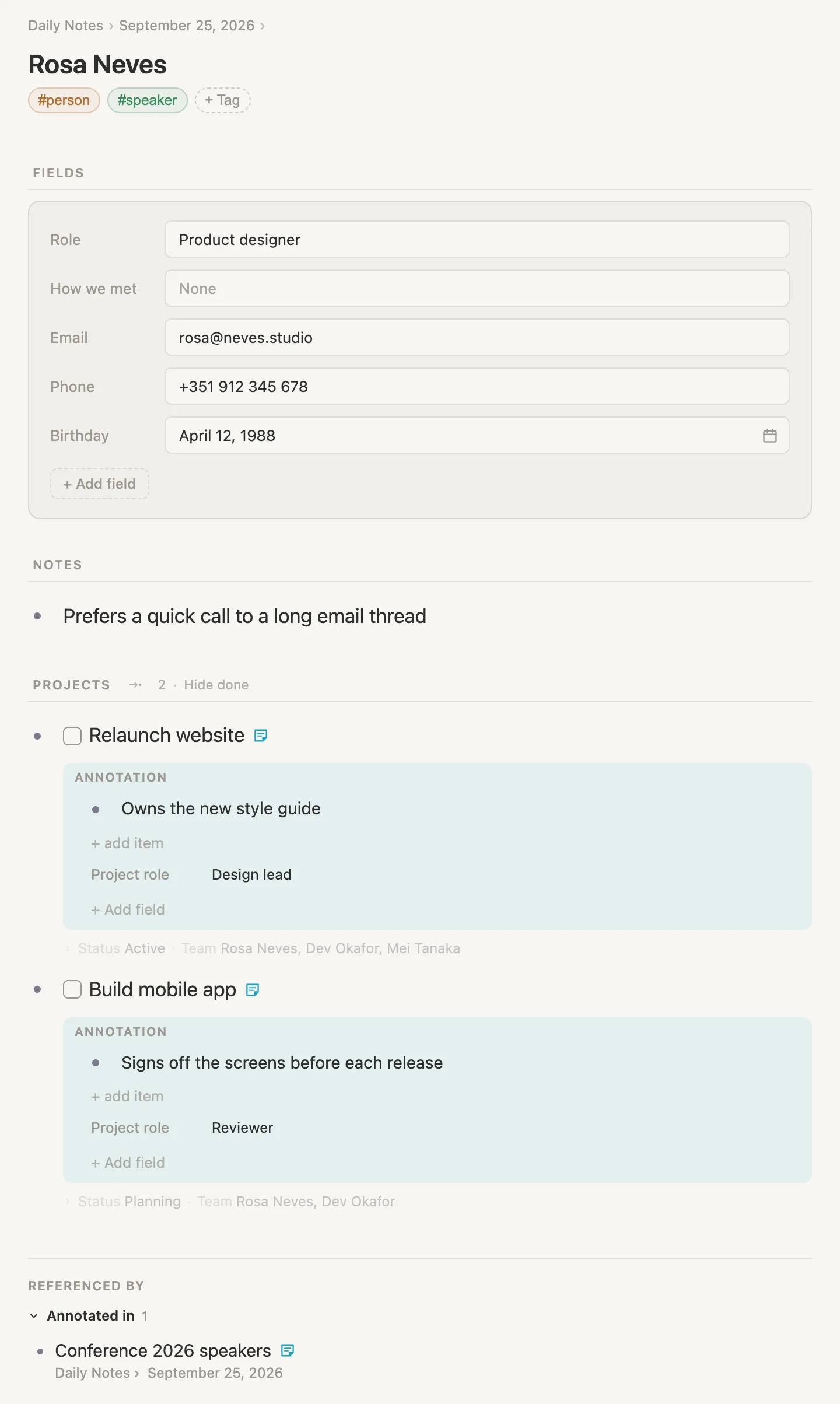 Rosa's page: her details at the top, a note about her, then both projects she's on, each opened to show her role there