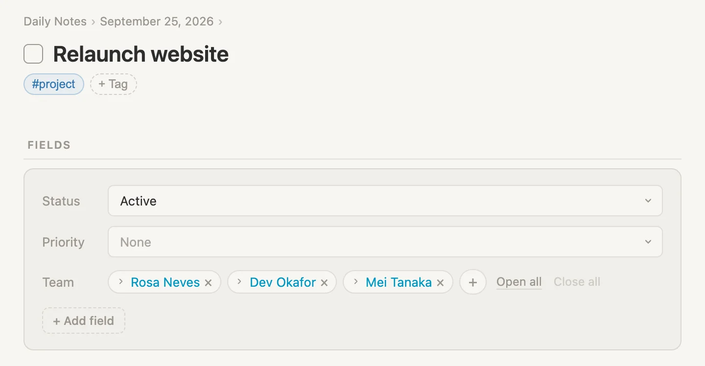 The relaunch page, with Rosa, Dev and Mei in its Team field