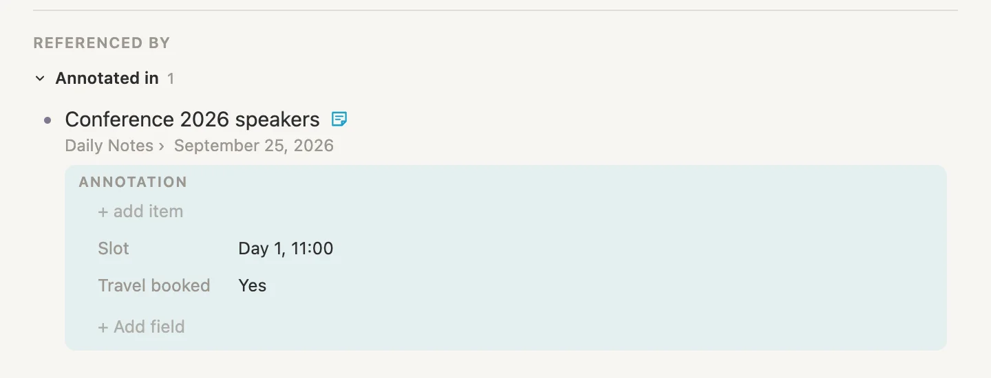 The bottom of Rosa's page: Annotated in, Conference 2026 speakers, opened to show Slot Day 1, 11:00 and Travel booked Yes