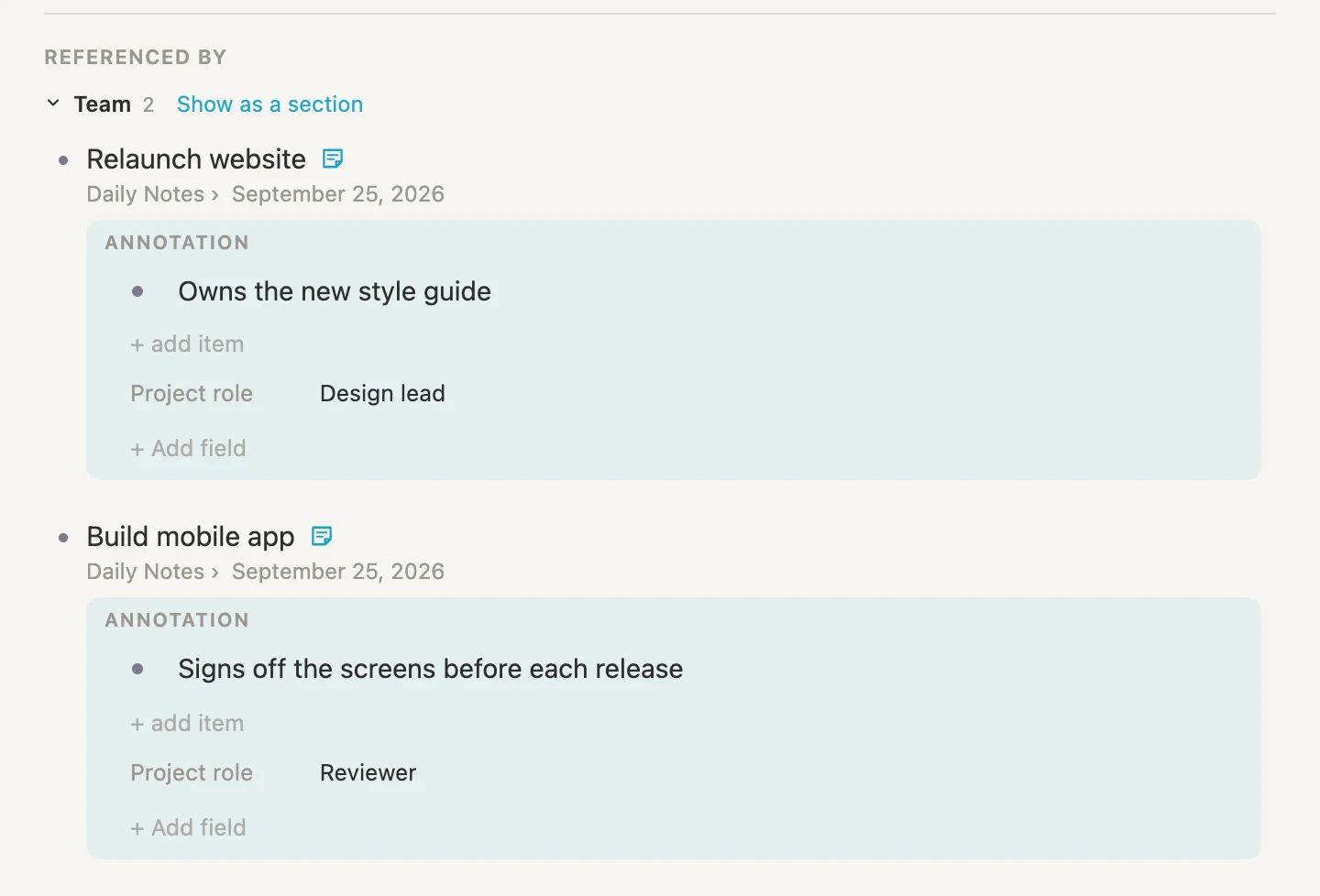 The bottom of Rosa's page: Referenced by, Team, both projects with their annotations opened, Design lead and Reviewer