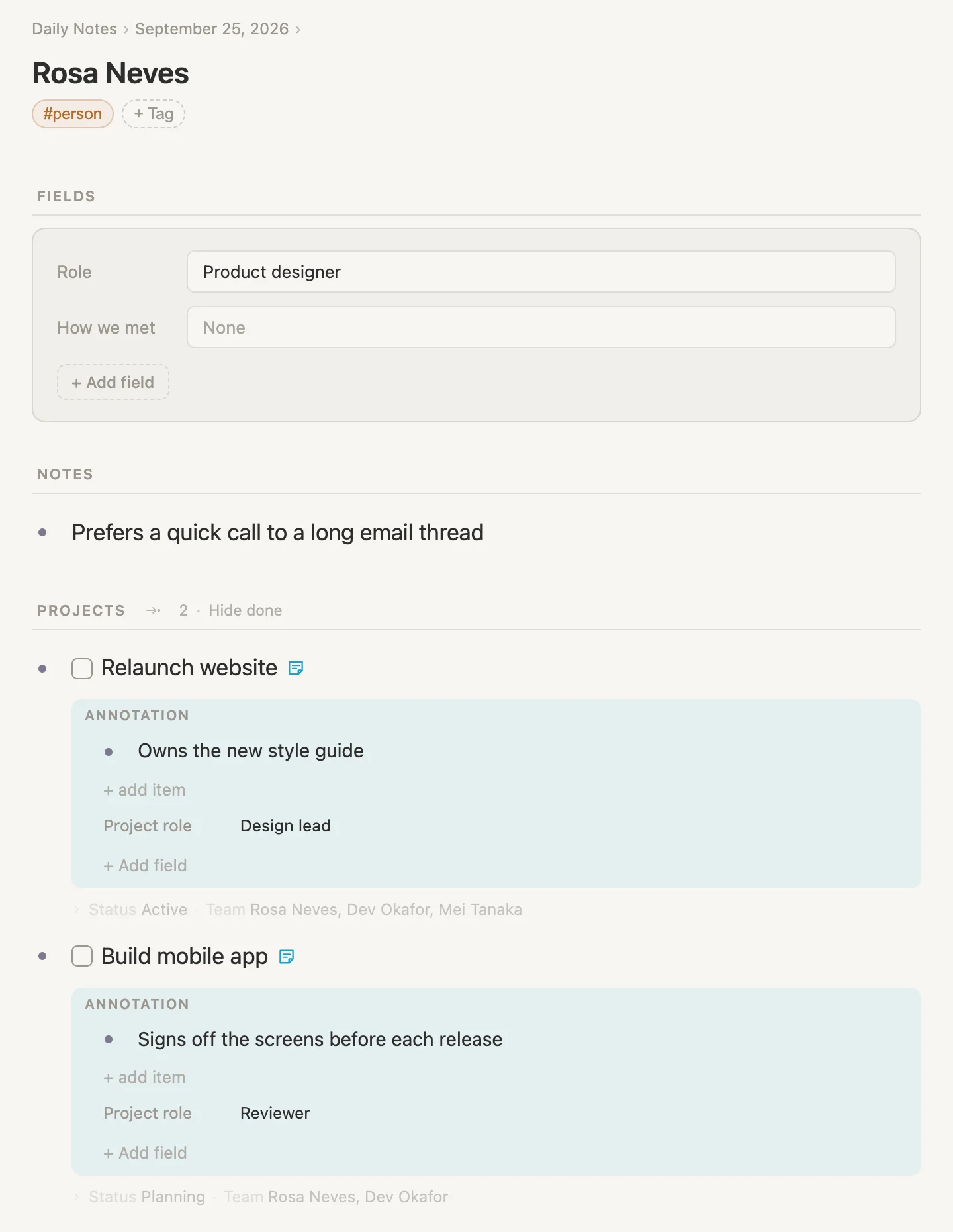 Rosa's page: her fields, a note, and a Projects section with both annotations opened