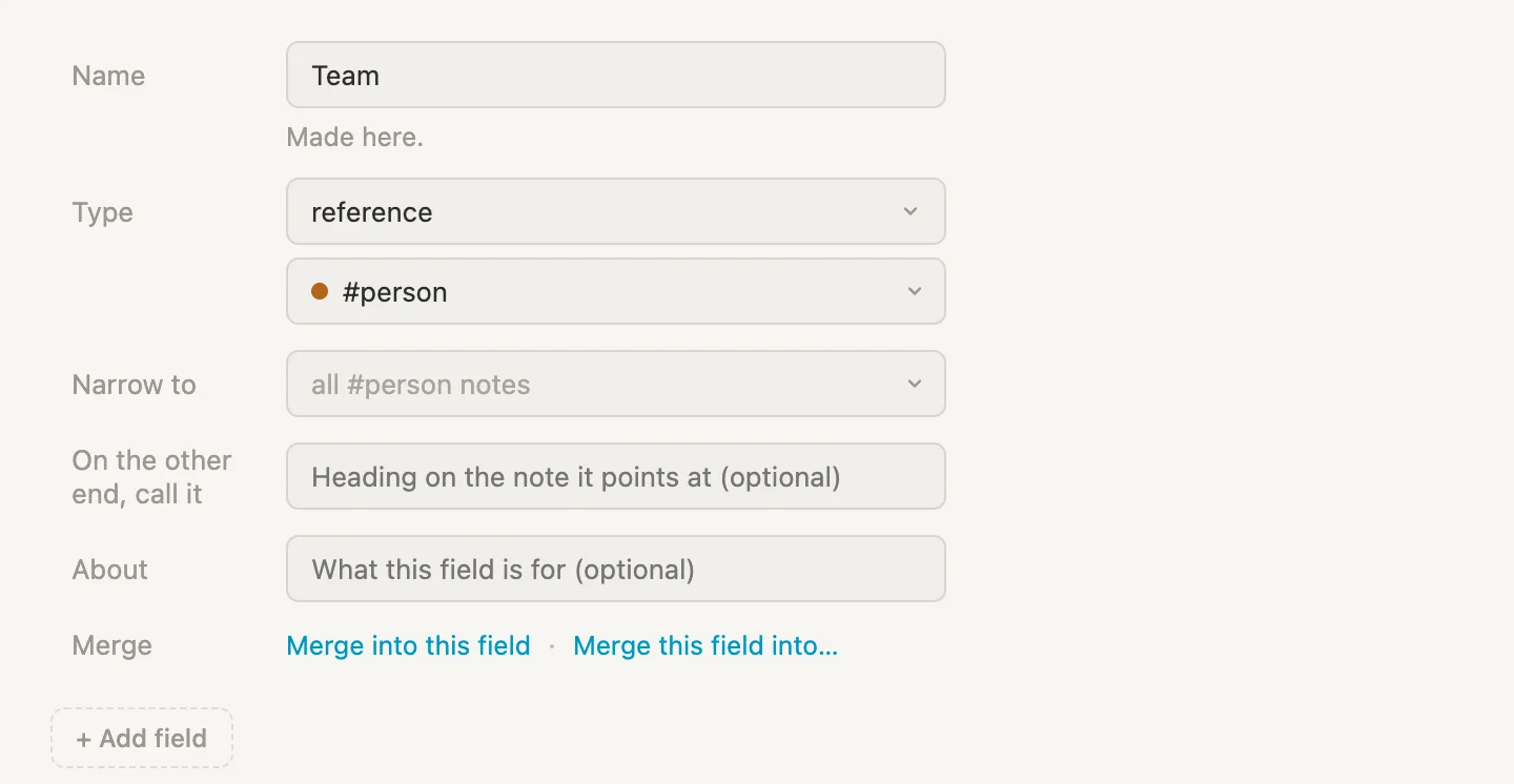 The Team field on the project tag: a reference pointing at #person
