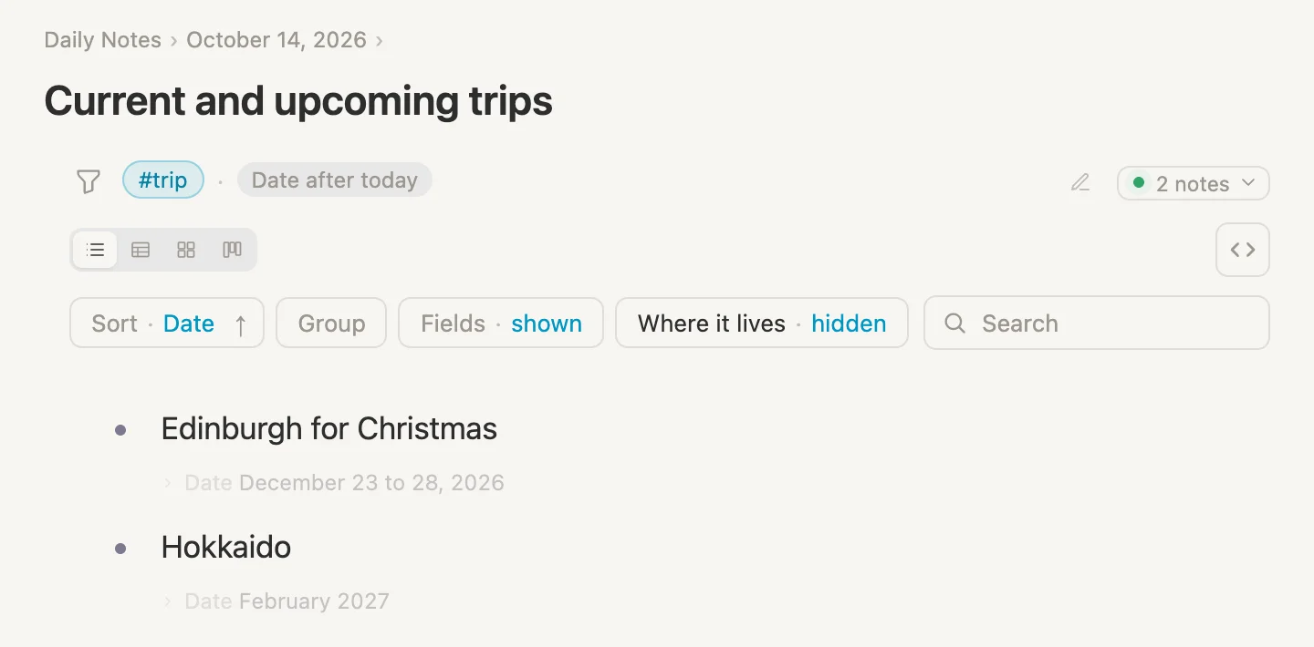 Current and upcoming trips with Date after today, finding Christmas and Hokkaido