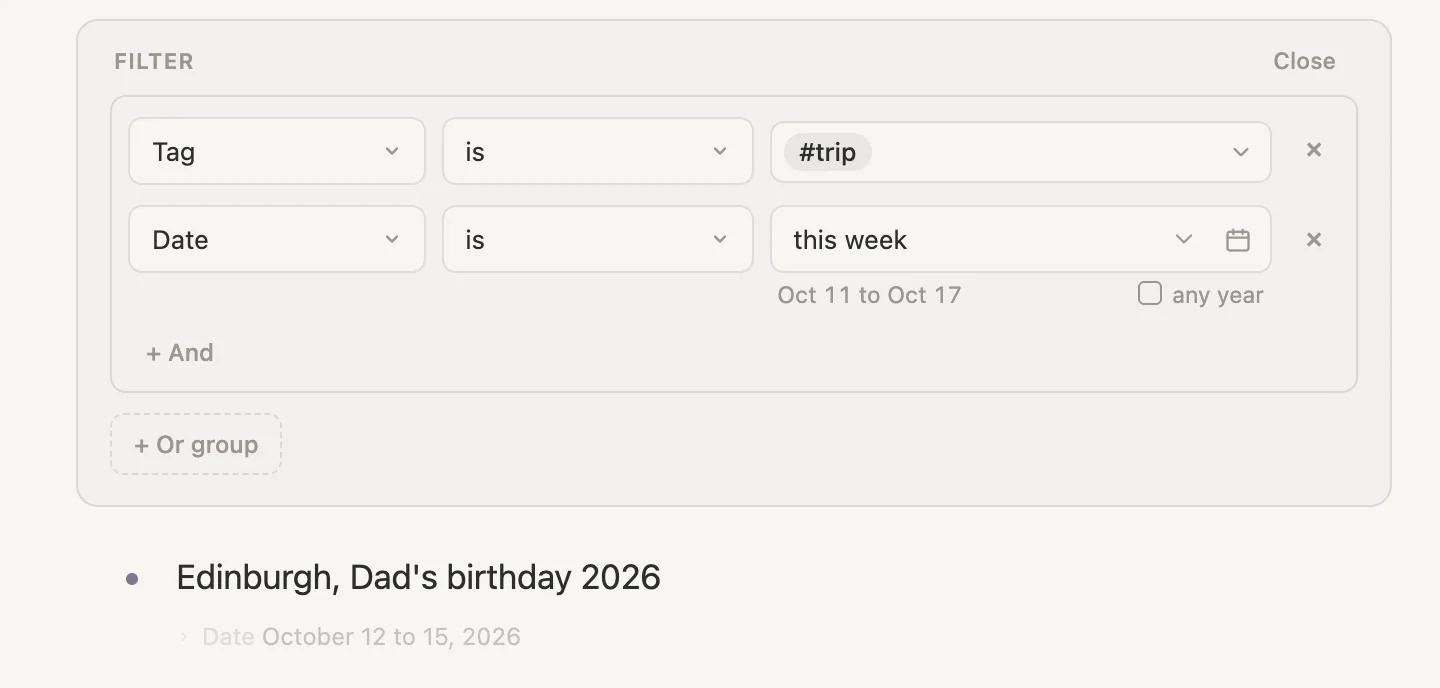 This week in other years, Date is this week, any year not ticked, finding only this year's trip