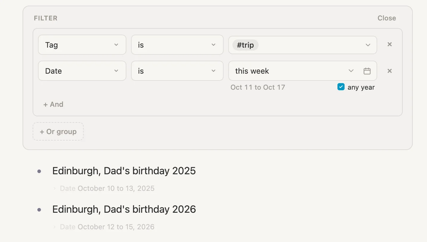 The same search with any year ticked, finding last year's trip as well