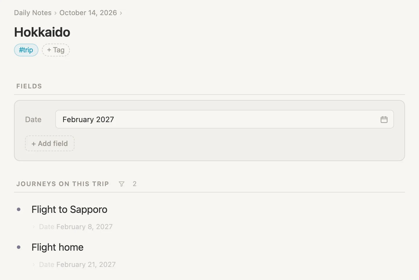 Hokkaido, its Date February 2027, and both flights in its Journeys on this trip section