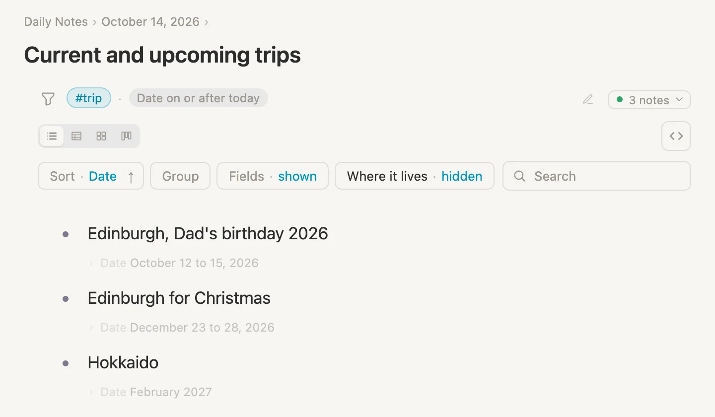 Current and upcoming trips, the three trips still going or still to come