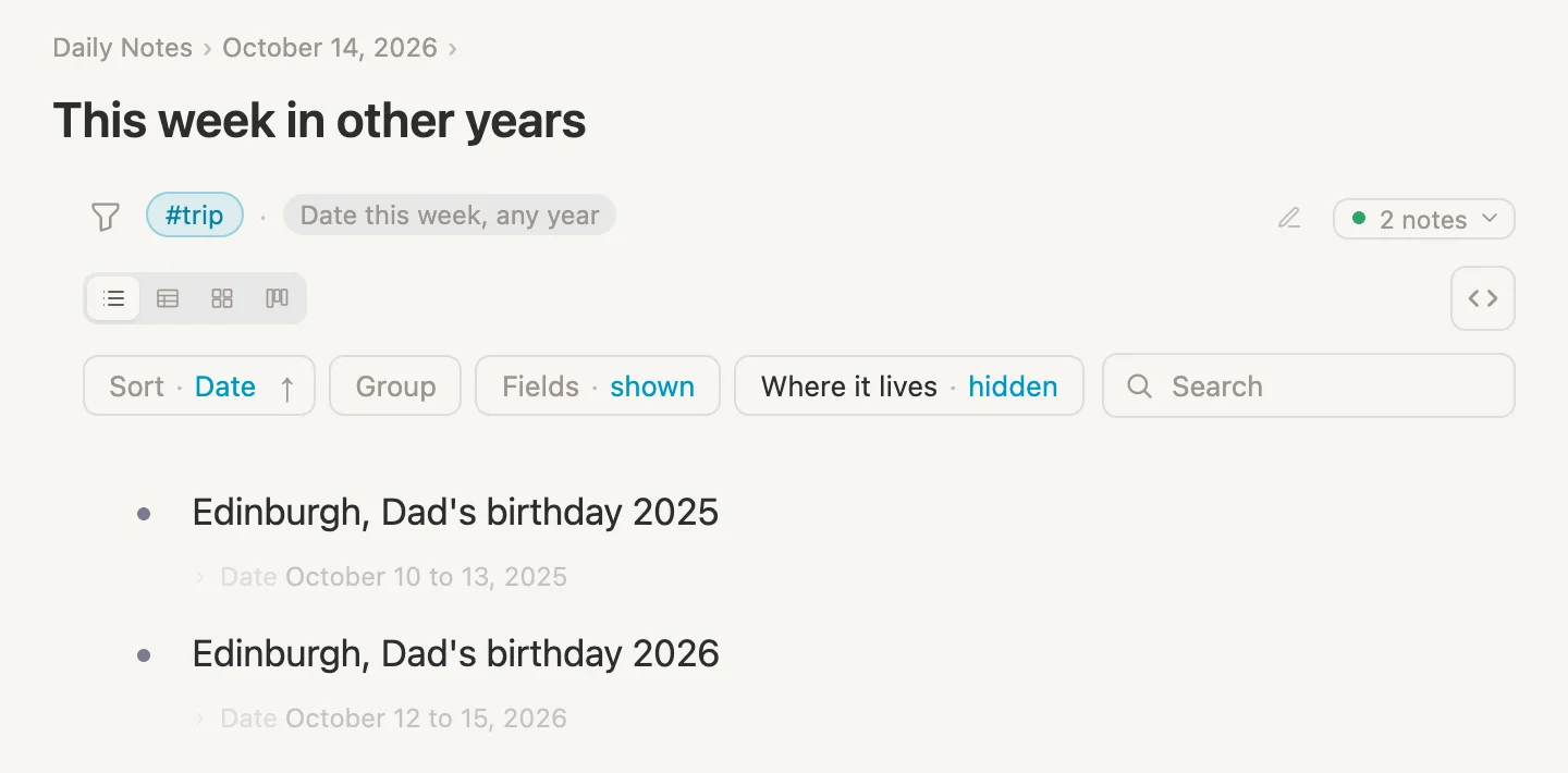This week in other years, last year's birthday trip and this year's