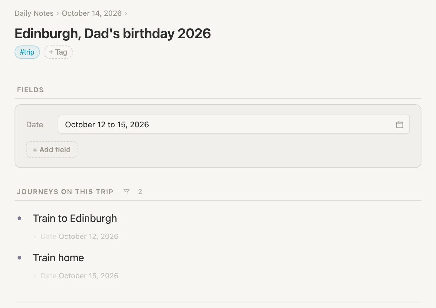 The Edinburgh, Dad's birthday 2026 page, its Date 12 to 15 October, and the two journeys that fall on those days