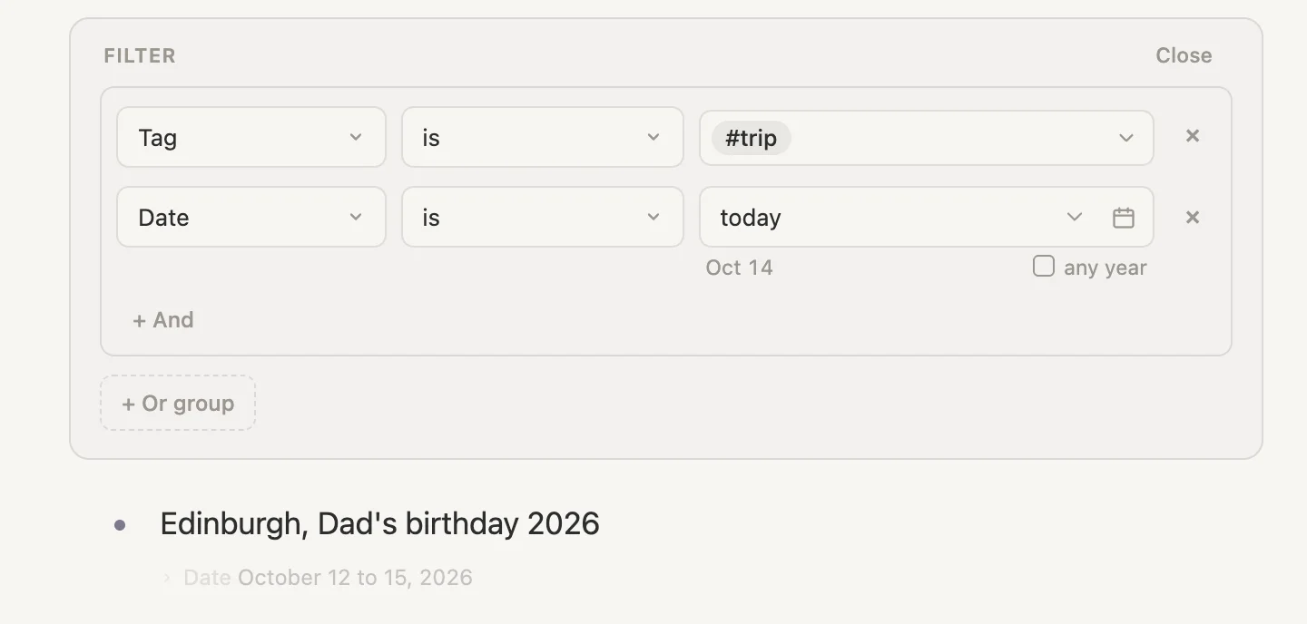 Trying out dates, Date is today, finding the 2026 birthday trip