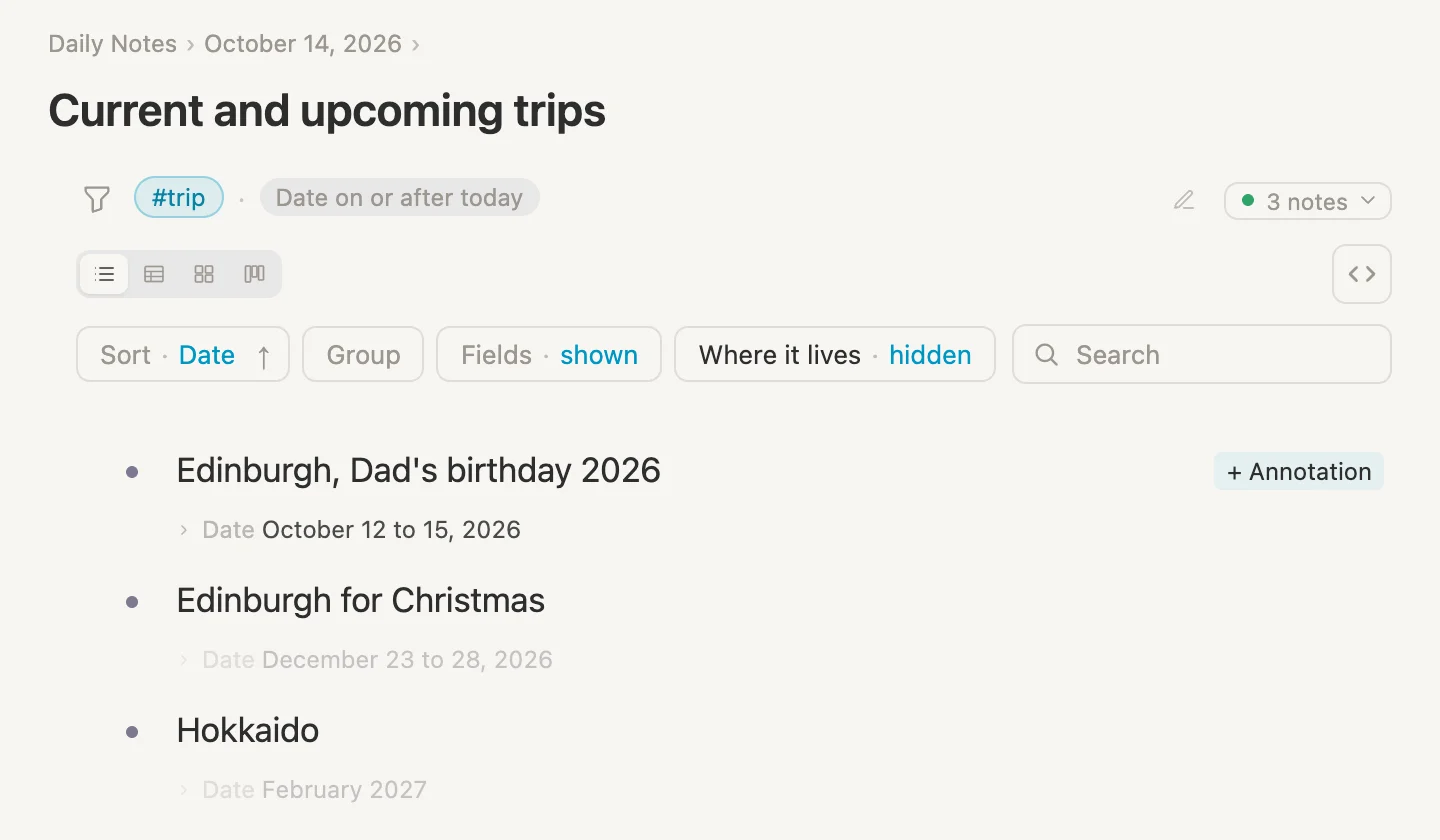 The same search with Date on or after today, now finding the birthday trip as well