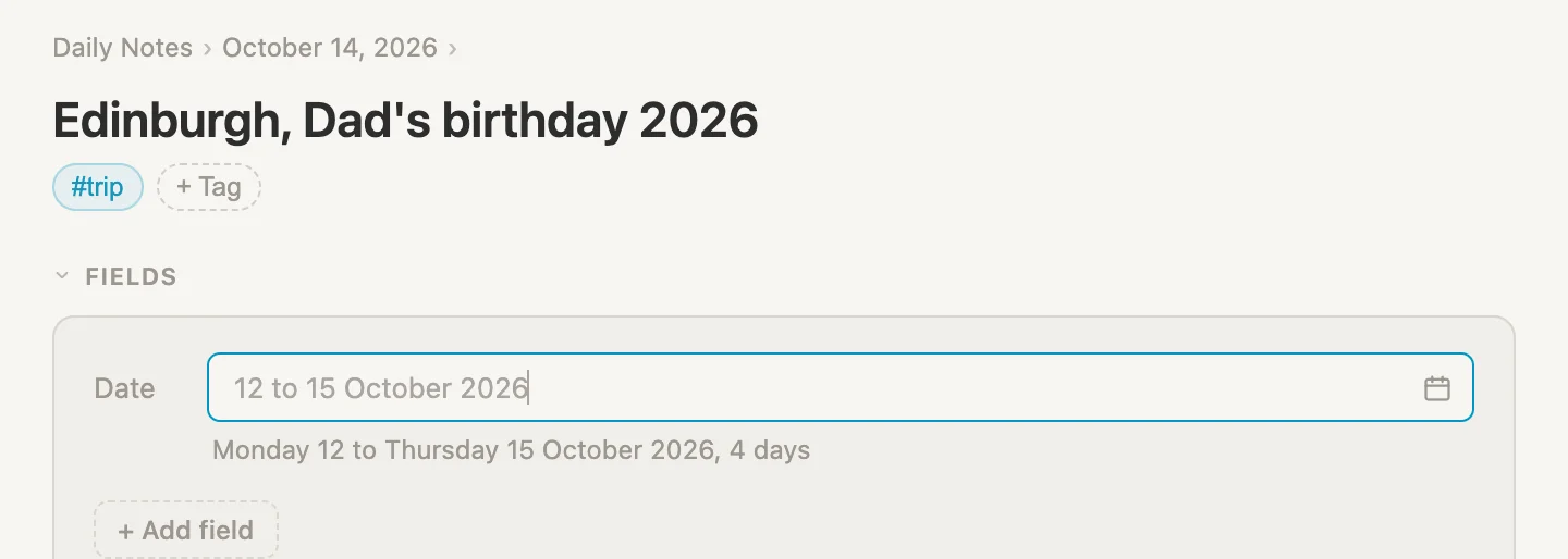The trip's Date box, with 12 to 15 October 2026 typed and read back underneath