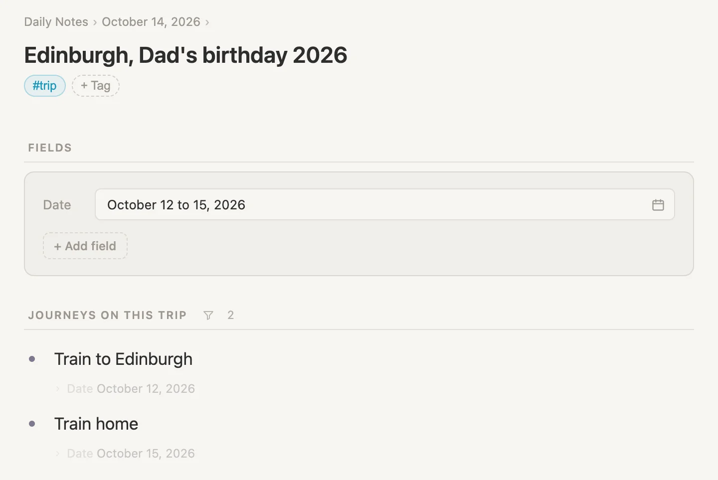 The 2026 birthday trip, its Journeys on this trip section holding the train up and the train home