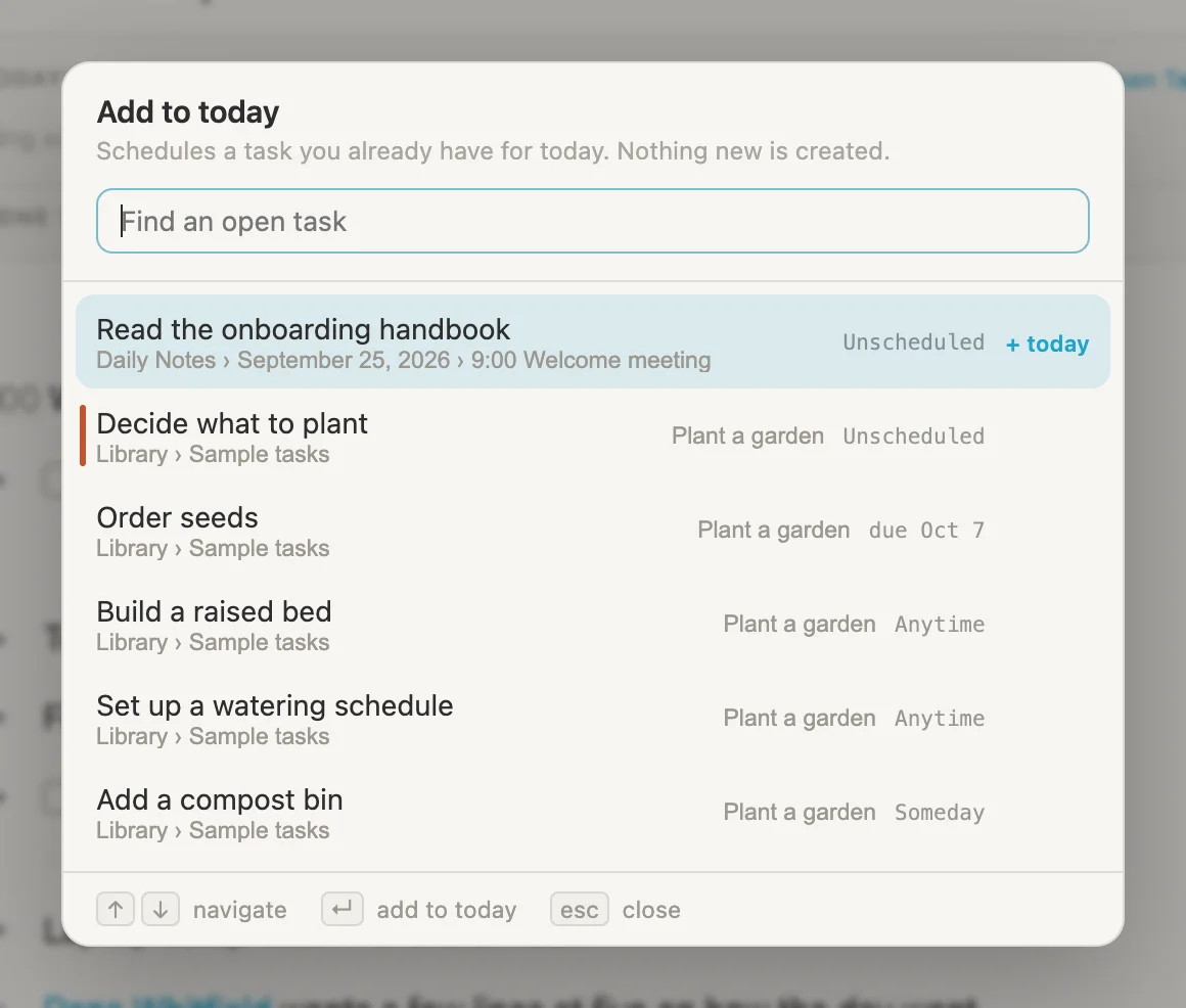 The Add to today list, with Read the onboarding handbook at the top marked Unscheduled, and the sample tasks under it