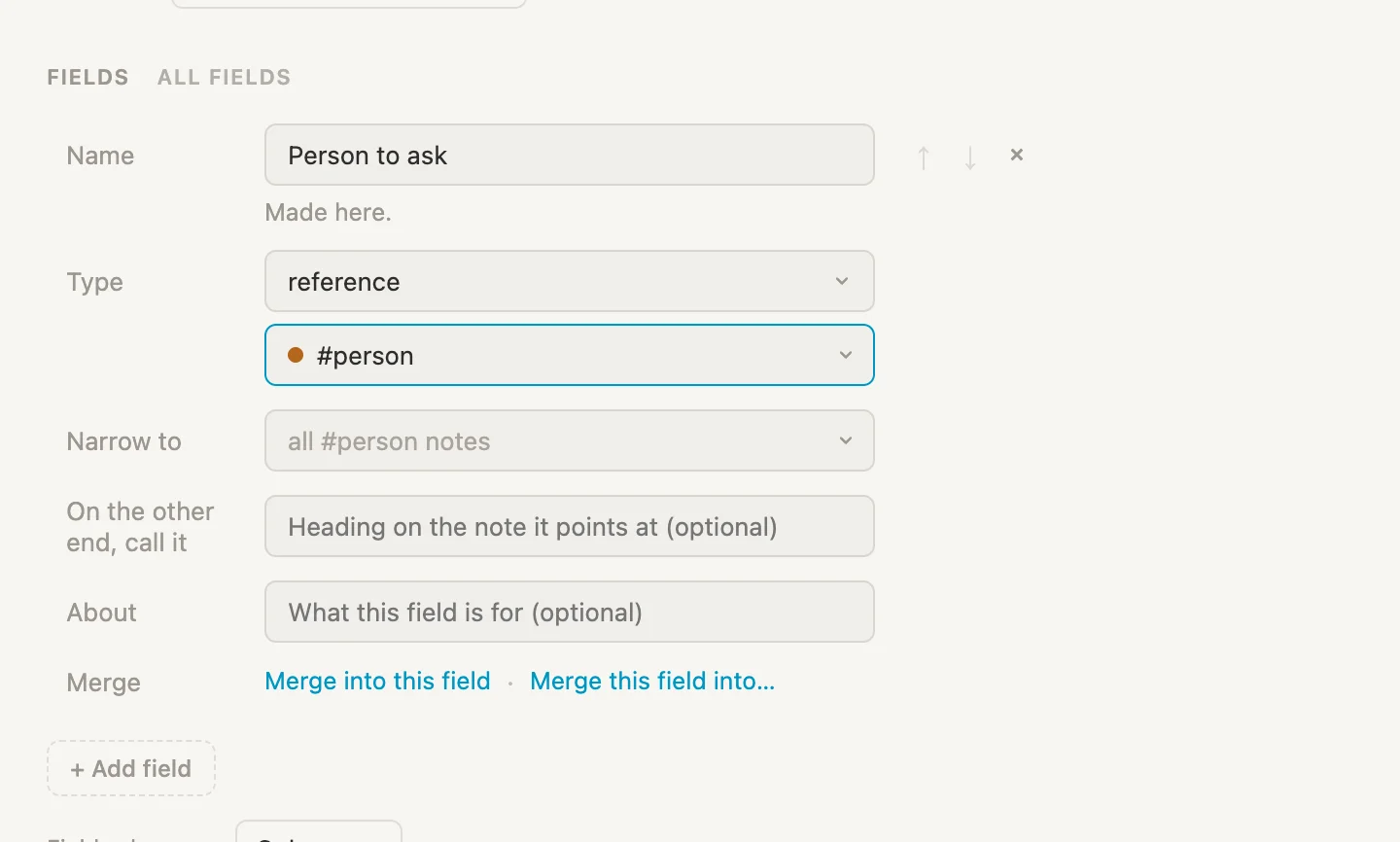 The Person to ask field on #question: Type reference, pointing at #person