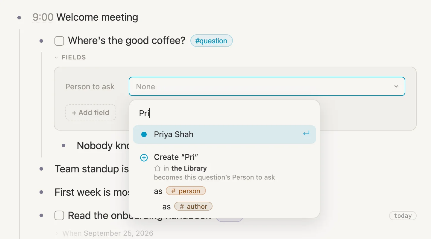 The Person to ask list under the coffee question, with Pri typed and Priya Shah at the top