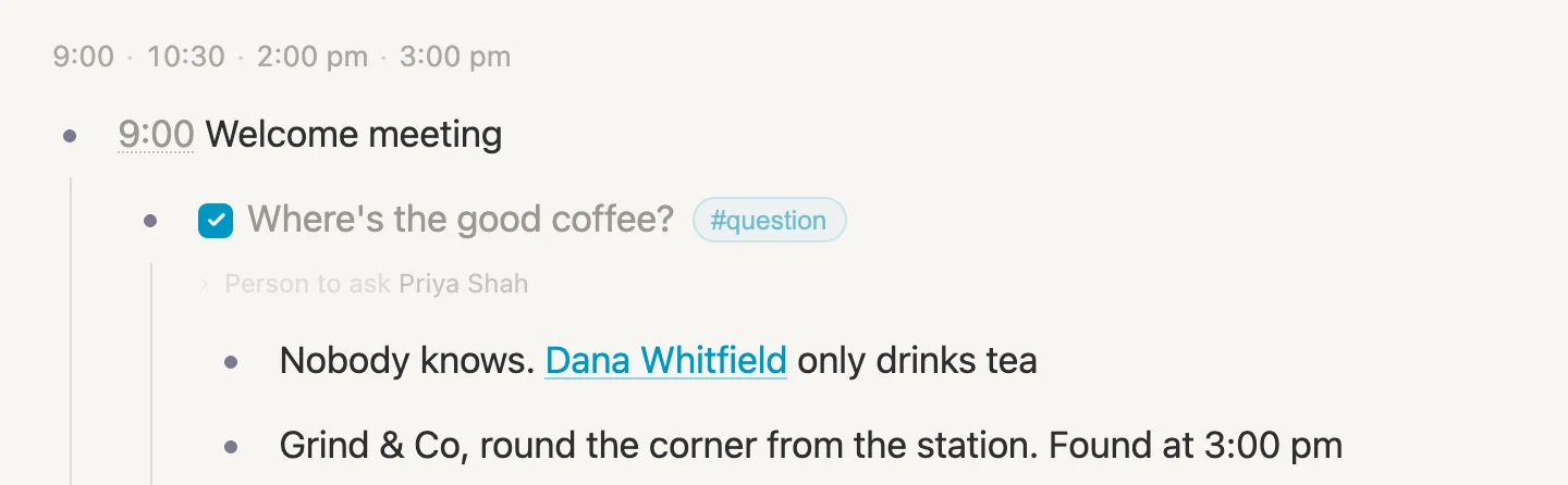 The coffee question ticked, with the answer under it, and the line of times reading 9:00, 10:30, 2:00 pm, 3:00 pm