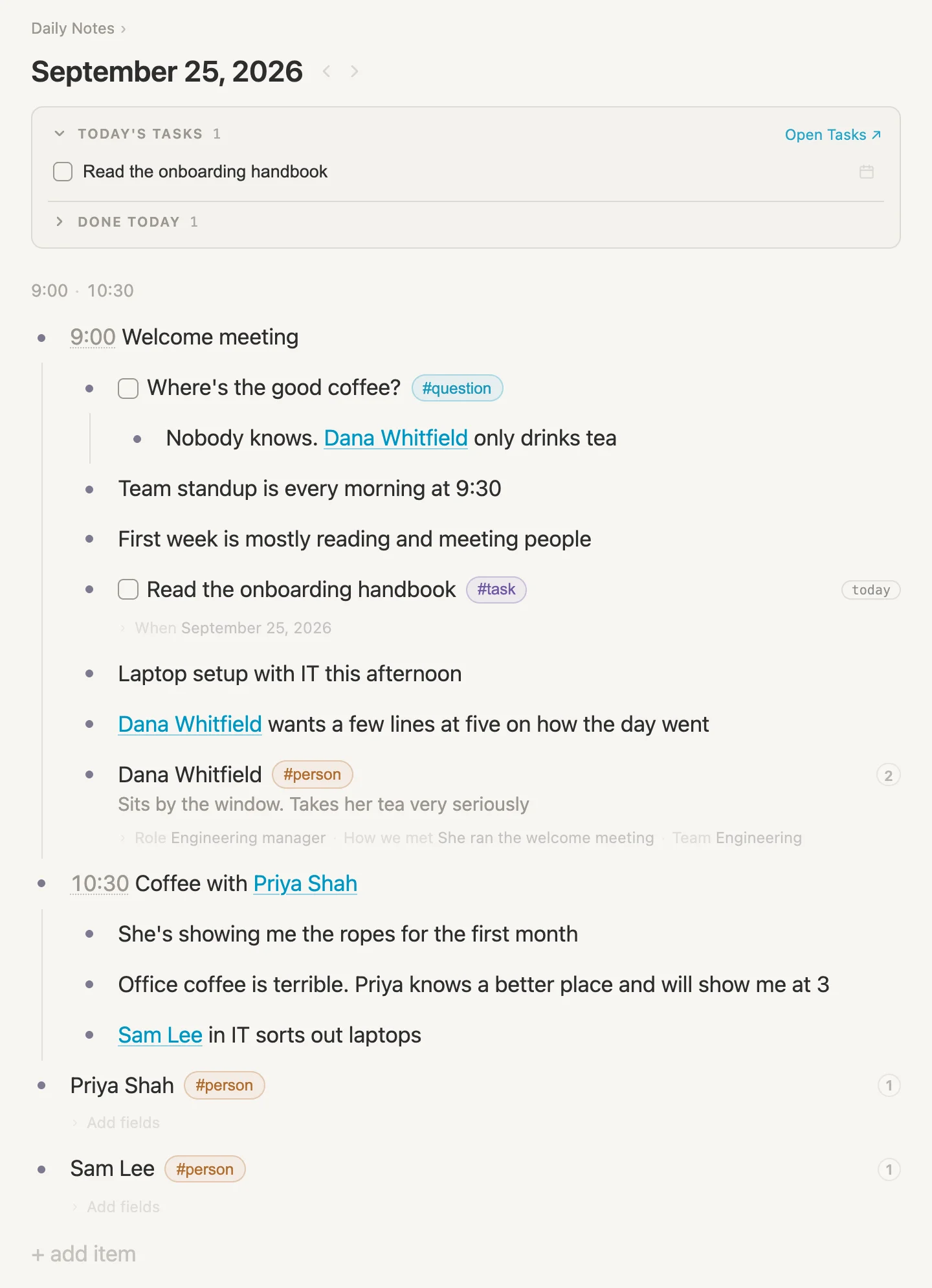 The 10:30 coffee meeting with its notes, Priya and Sam linked, and their new notes at the bottom of the page