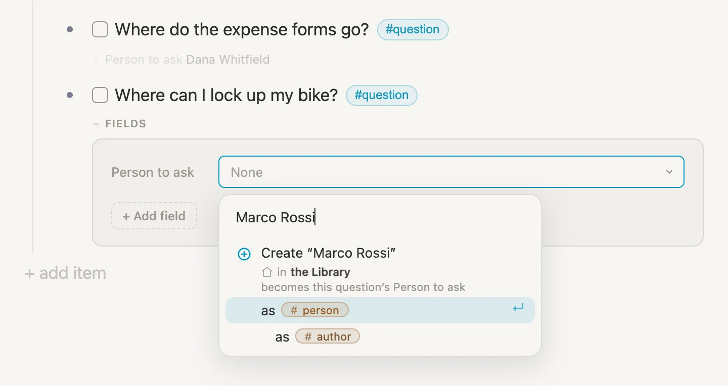 The list offering Create Marco Rossi, in the Library, becomes this question's Person to ask, as #person