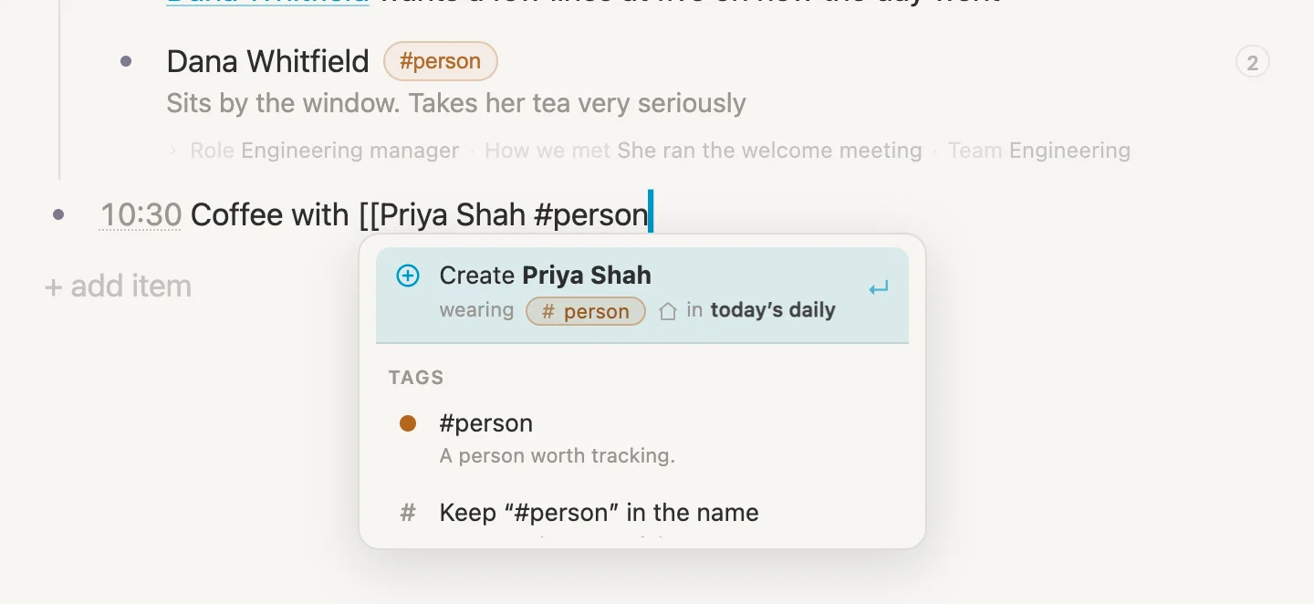Typing Coffee with Priya Shah #person, and the list offering Create Priya Shah, wearing #person, in today's daily