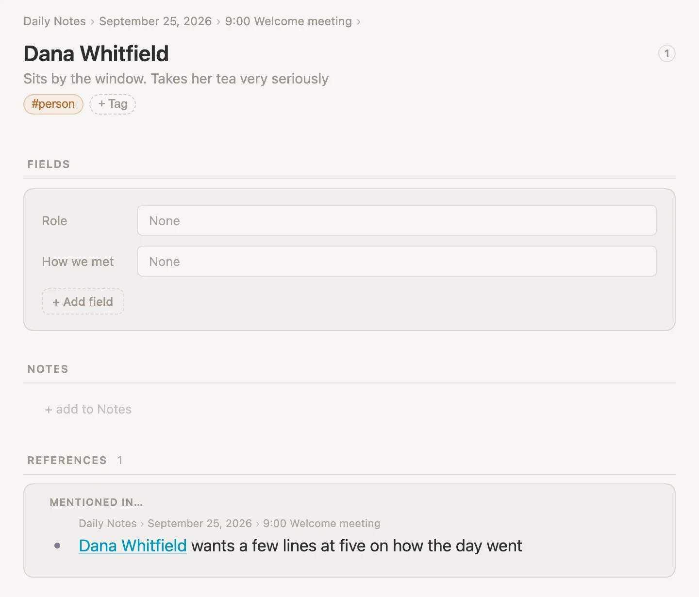 Dana's page with a References section at the bottom, showing the line that mentions her, and a small circled 1 beside her name