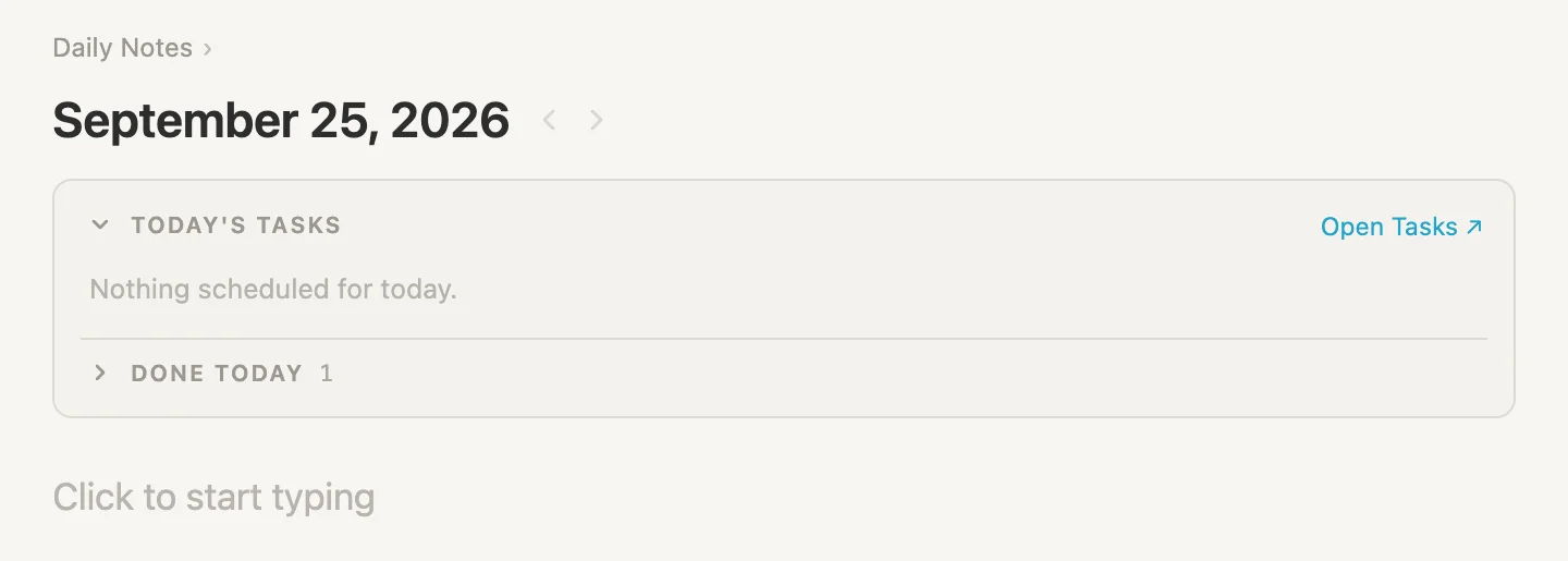 Today's page, cleared: the tasks box, and under it only Click to start typing
