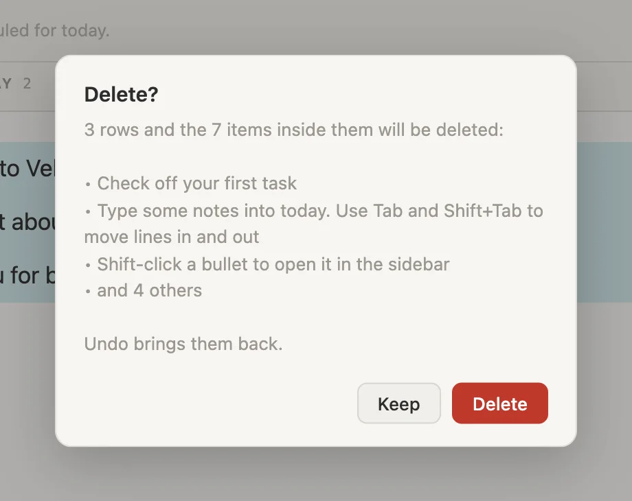The Delete? box, listing what is about to go, with Keep and Delete buttons