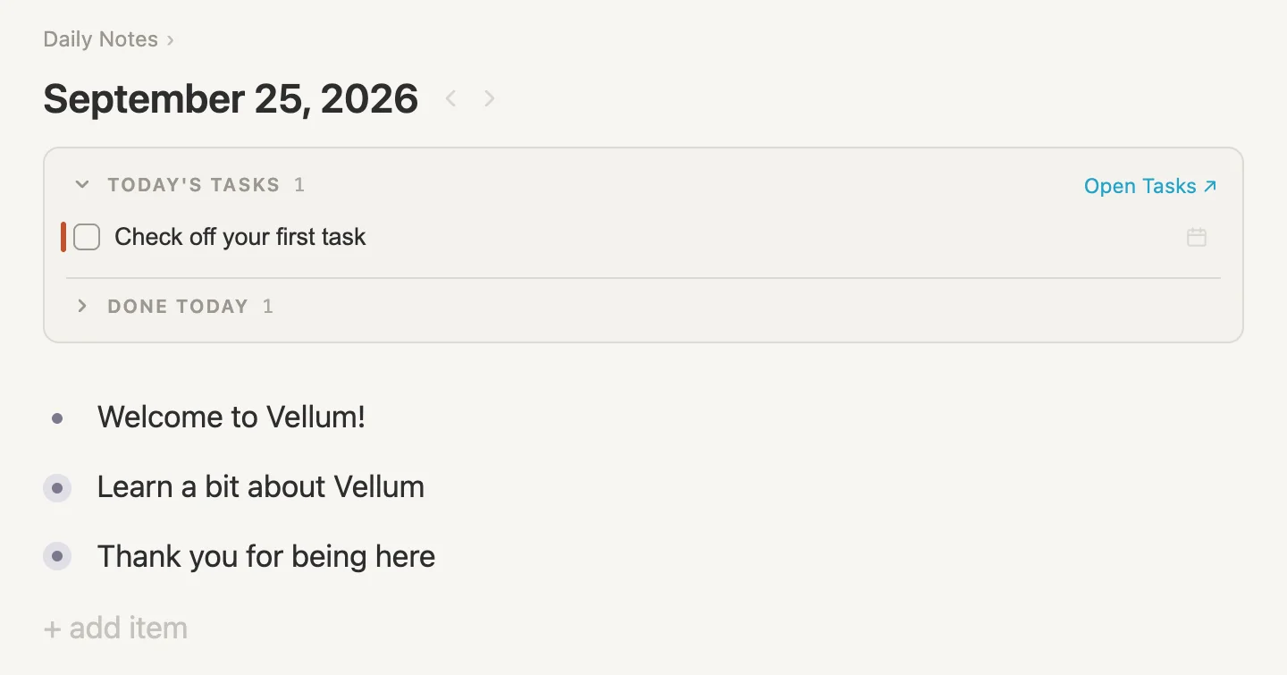 Today's page in a brand-new vault: the Today's tasks box, then three lines of welcome