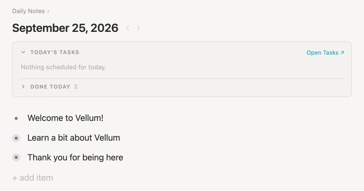 The Today's tasks box after ticking: Nothing scheduled for today, and Done today now reads 2