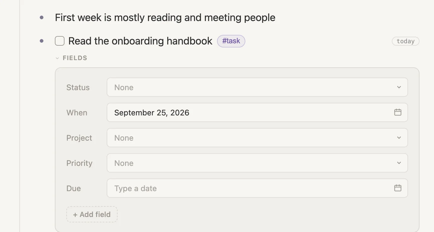 The handbook's fields: Status, When September 25 2026, Project, Priority and Due