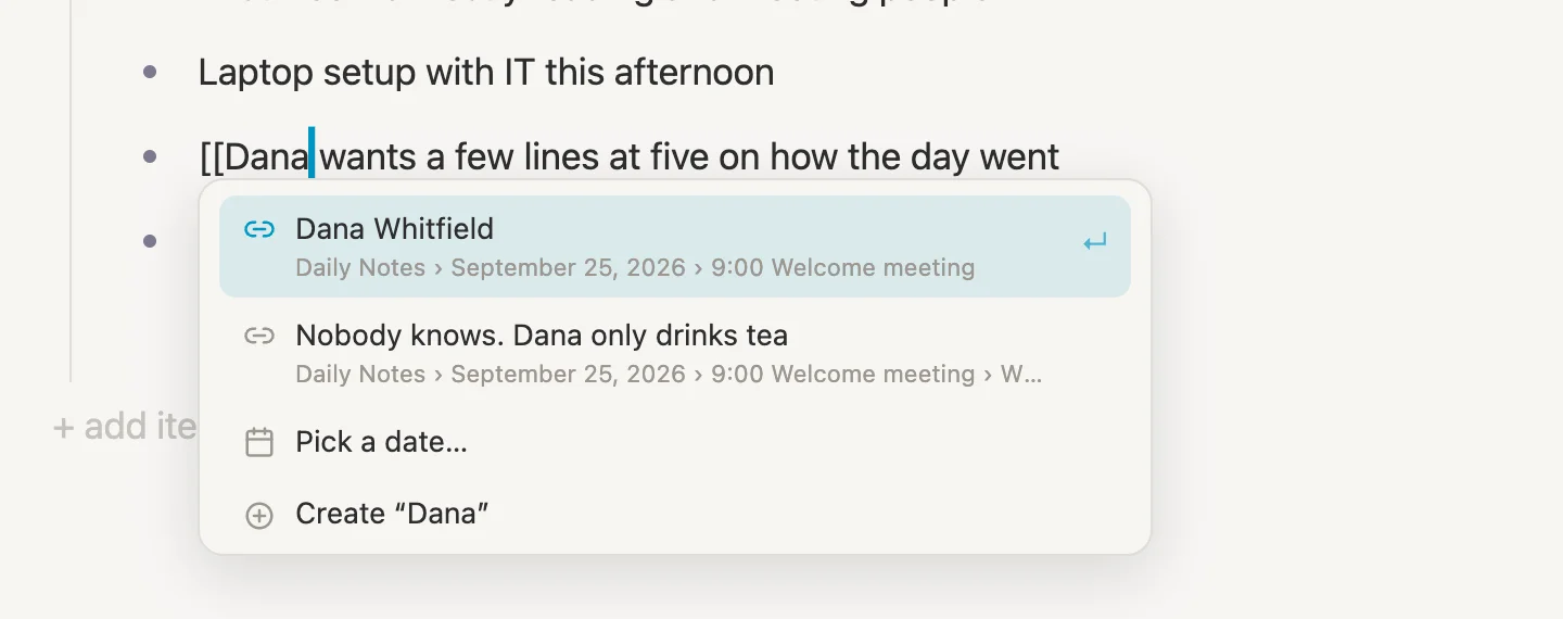 Dana wrapped in brackets, with Dana Whitfield at the top of the list that opened
