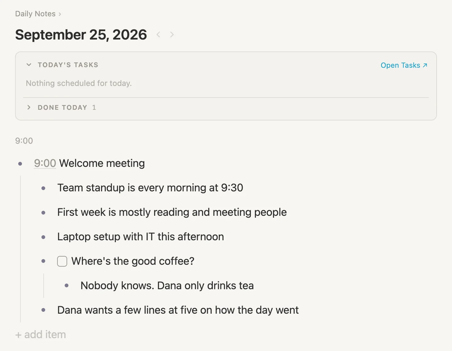 The welcome meeting with its notes tucked under it, the coffee question with a checkbox, and the tea line tucked under that