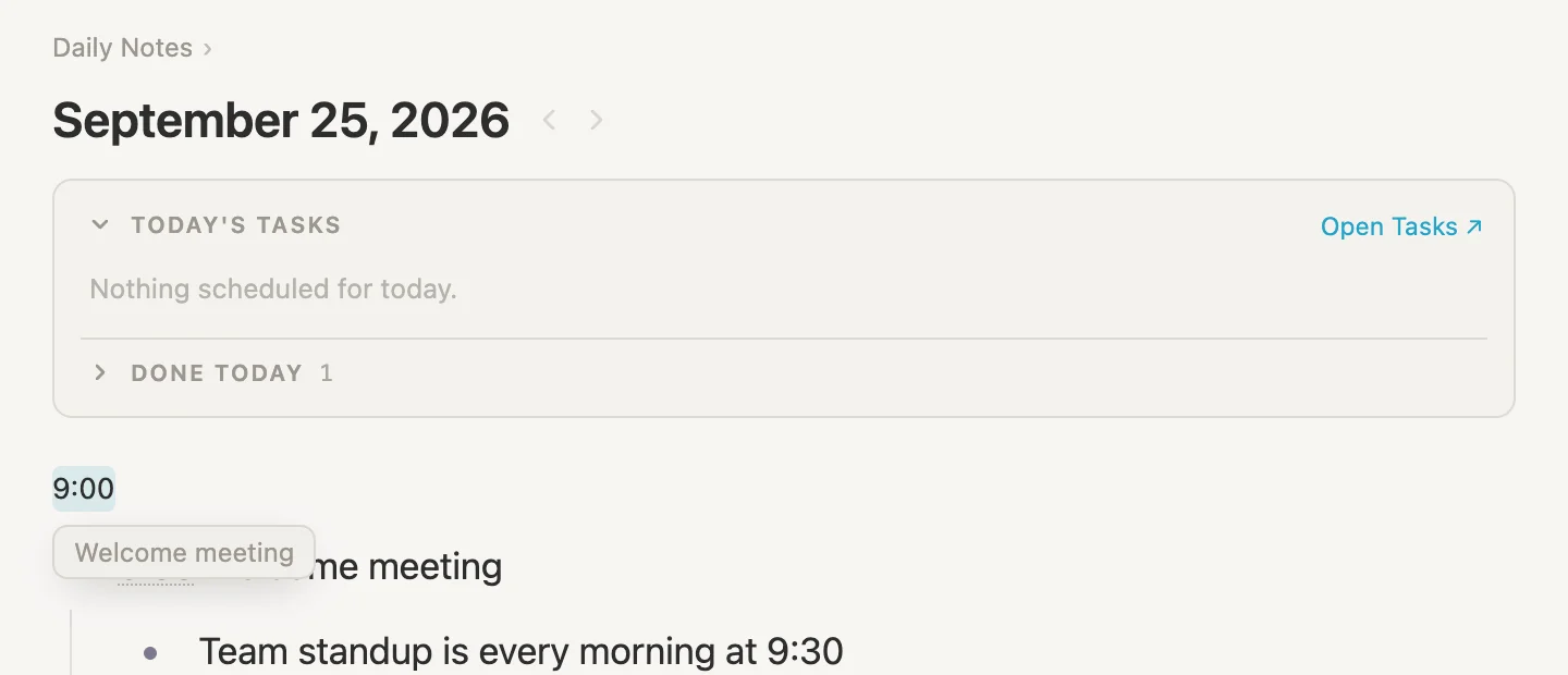 Hovering the 9:00 above the notes shows Welcome meeting
