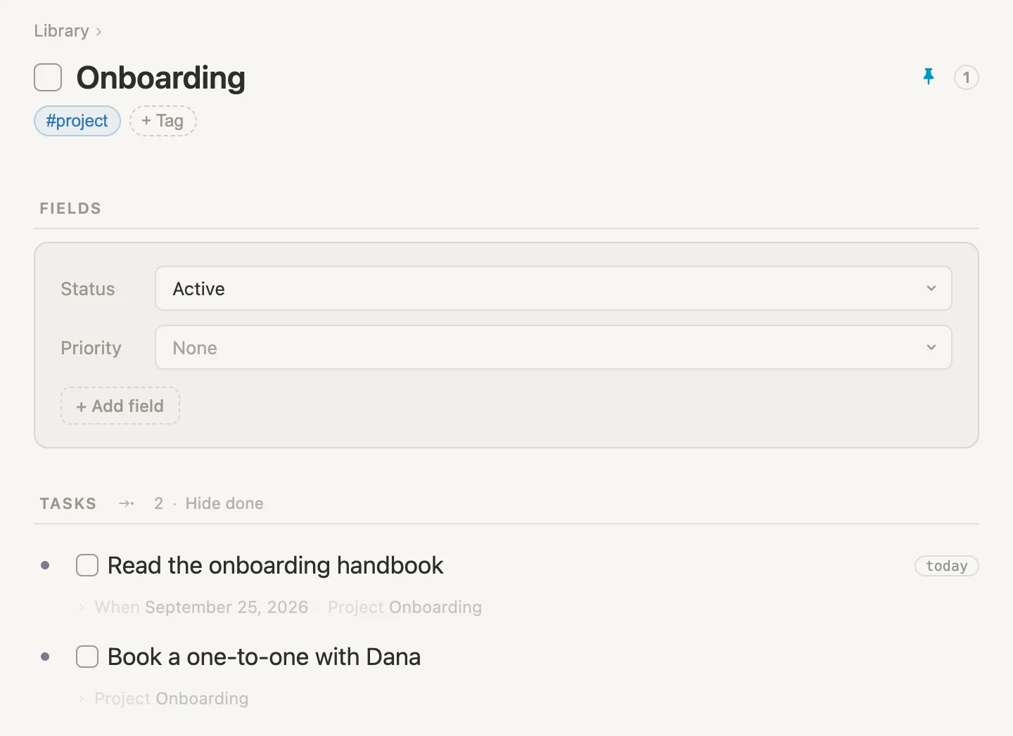 The Onboarding project, with its tasks gathered underneath