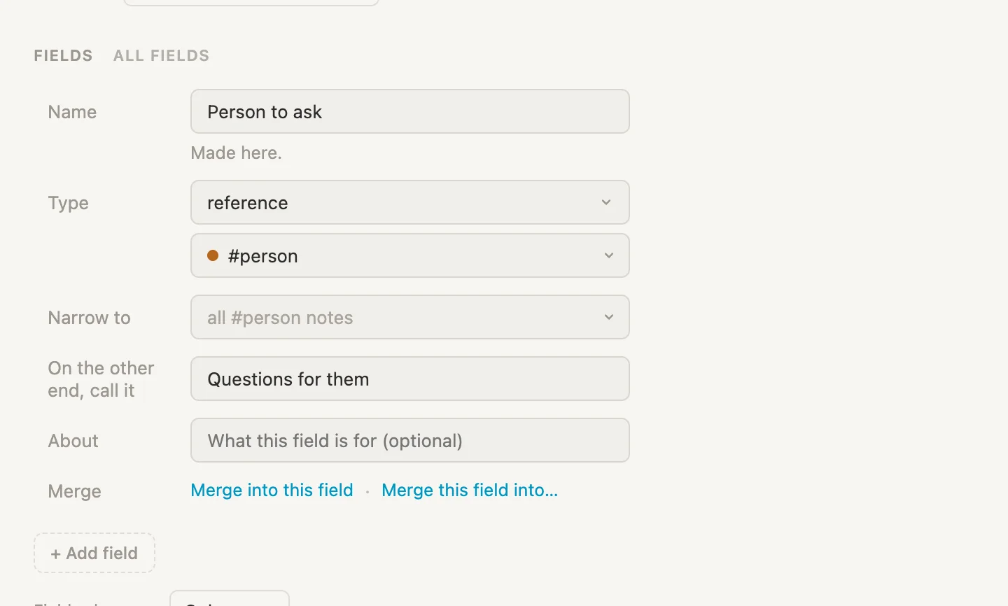 The Person to ask field with On the other end, call it set to Questions for them