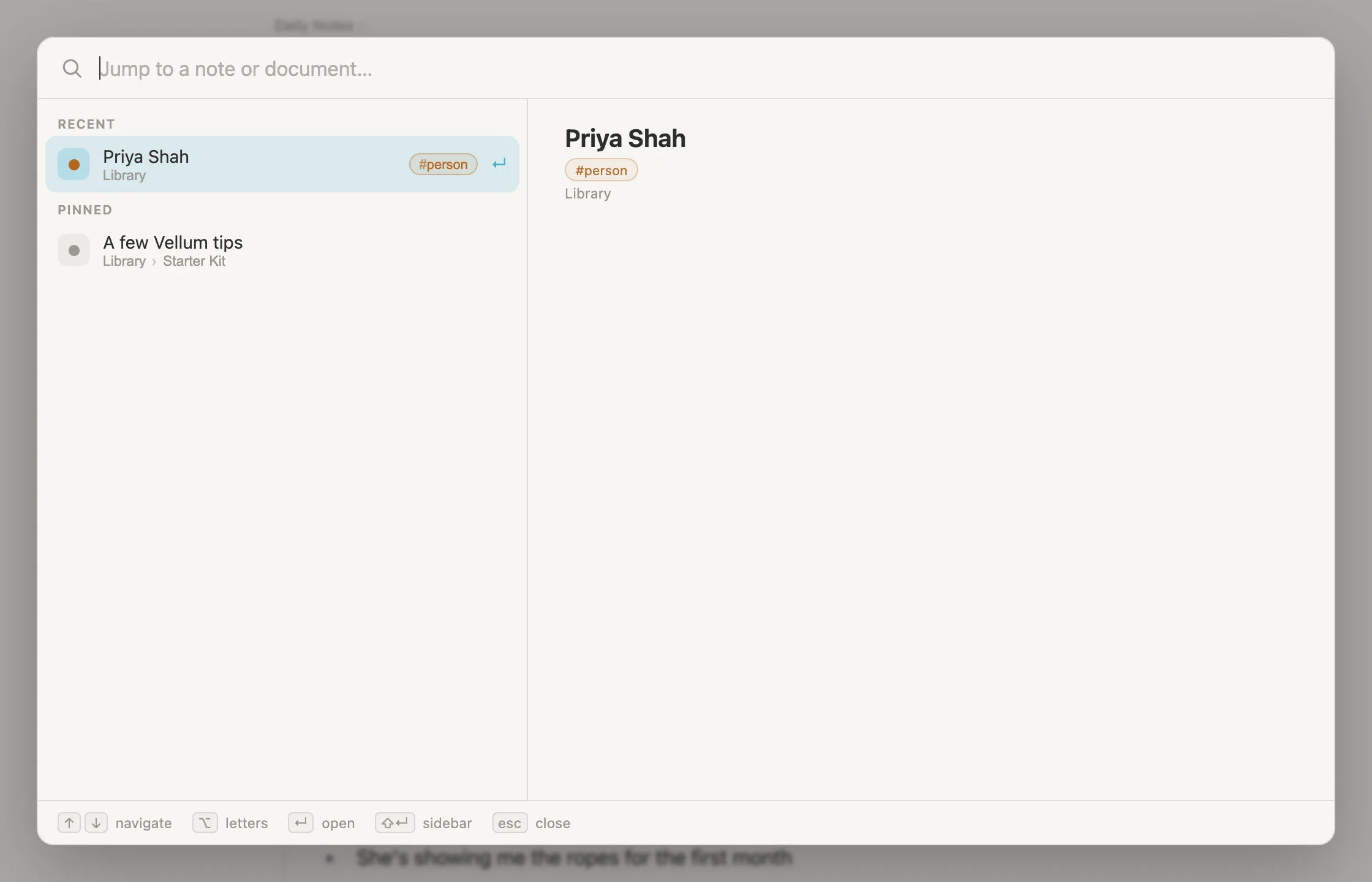 The Cmd-P box before typing: Priya Shah under Recent, A few Vellum tips under Pinned