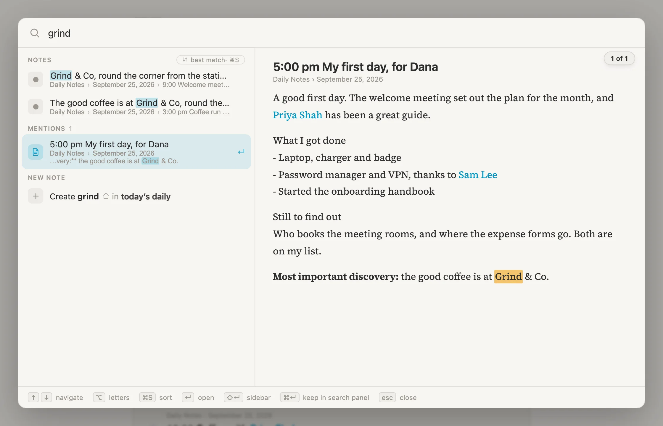 Cmd-P with grind typed, the write-up highlighted under Mentions, and its preview on the right