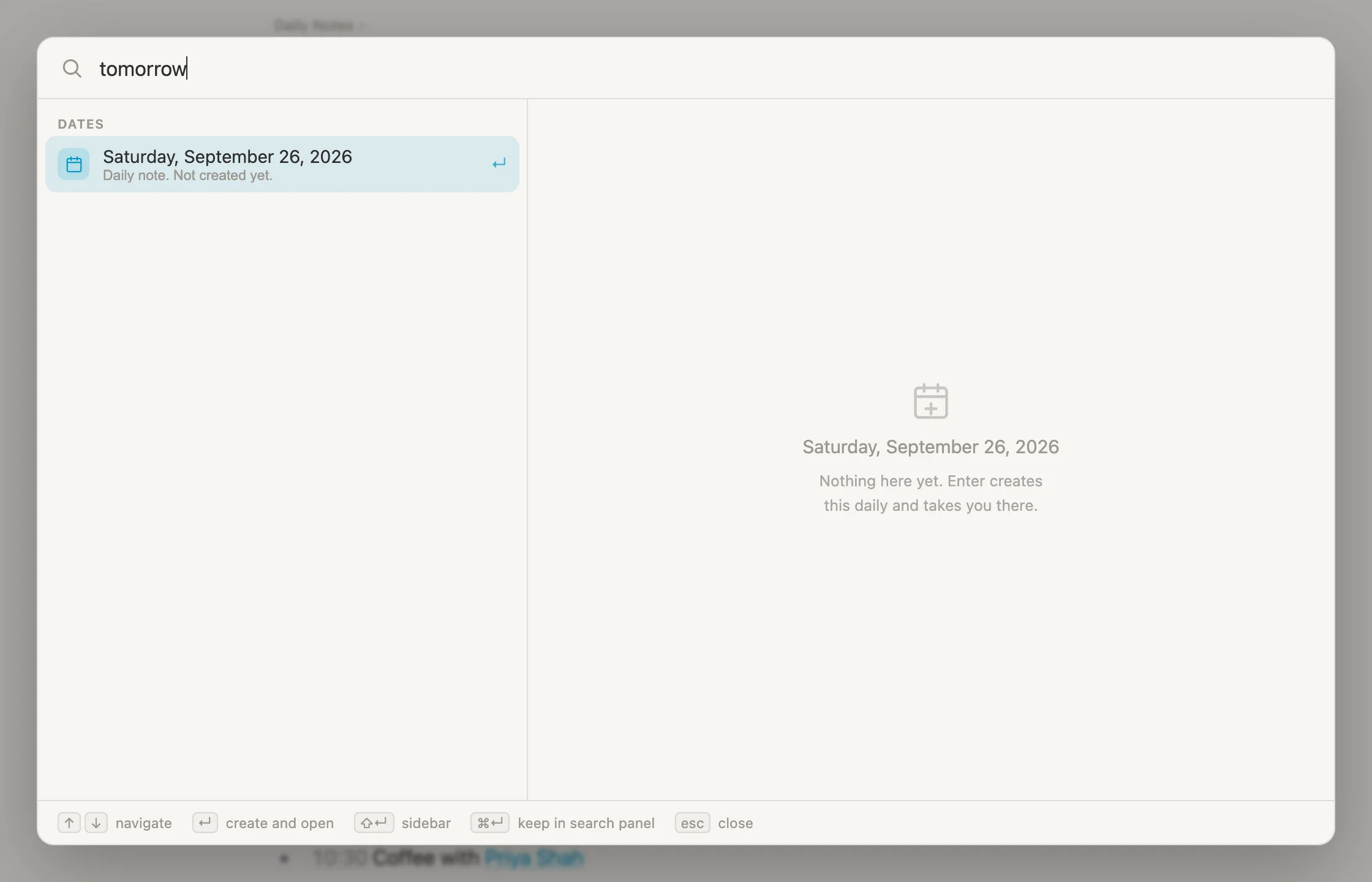 Cmd-P with tomorrow typed, offering Saturday, September 26, 2026, not created yet