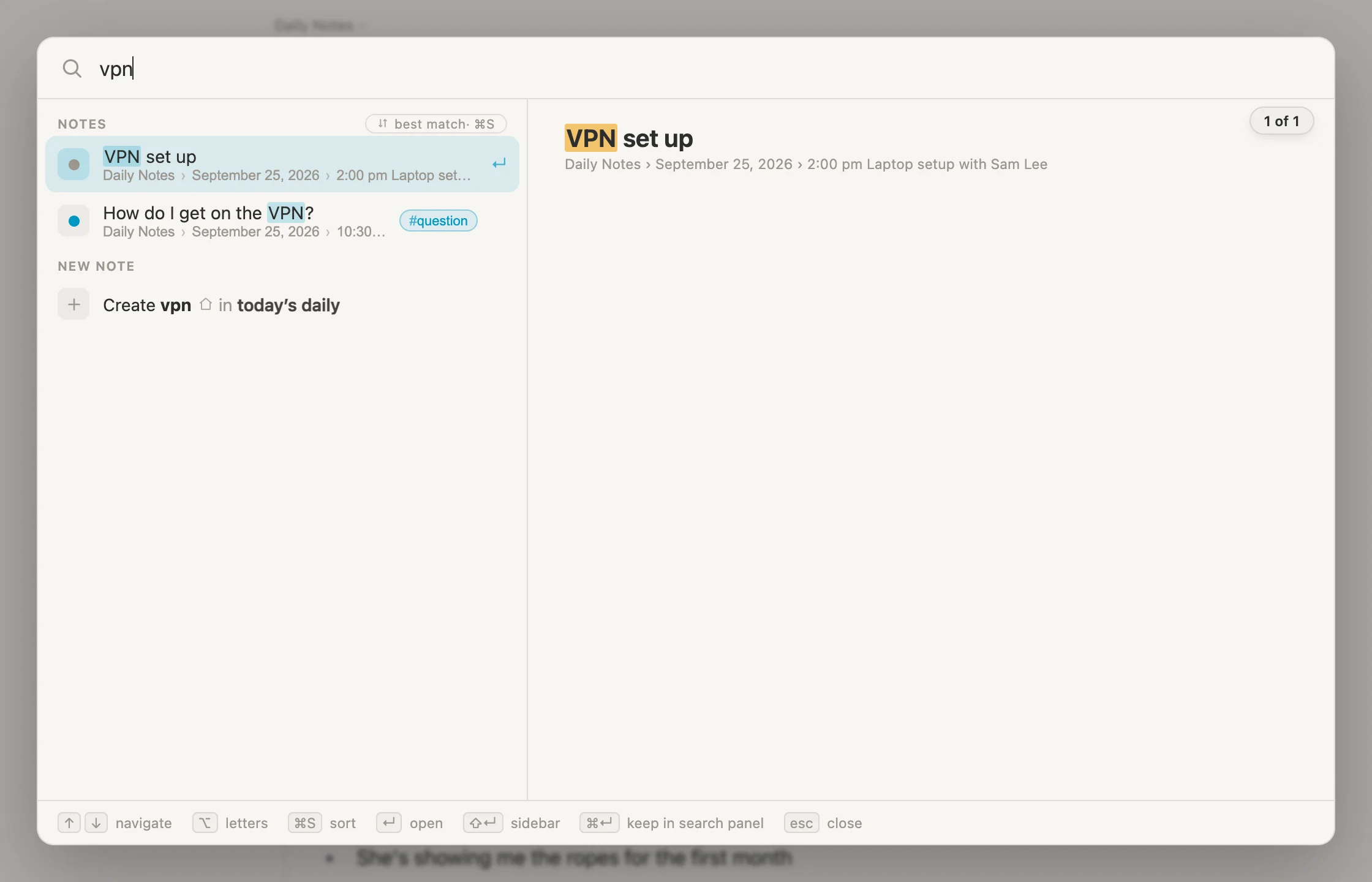 The Cmd-P box with vpn typed: VPN set up and How do I get on the VPN?, with a preview on the right