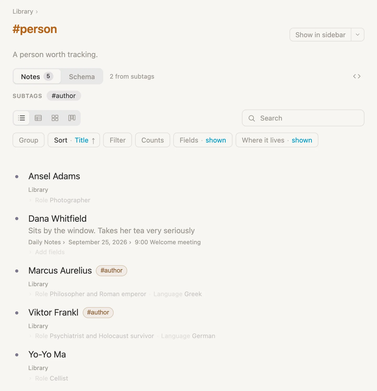 The #person tag page: Notes 5 and Schema tabs, and every person in the vault listed