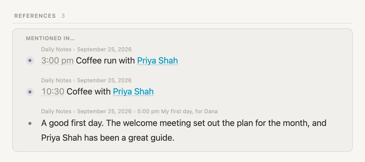 Priya's References, now 3, with the write-up's paragraph listed first