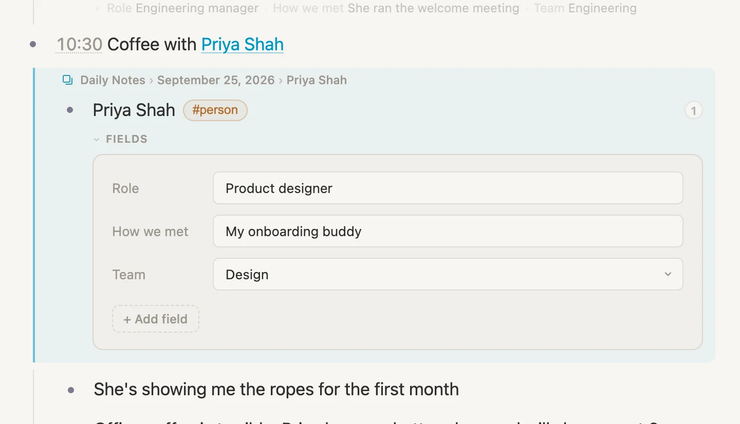 Priya opened under the meeting line, in a box of her own, with her fields filled in
