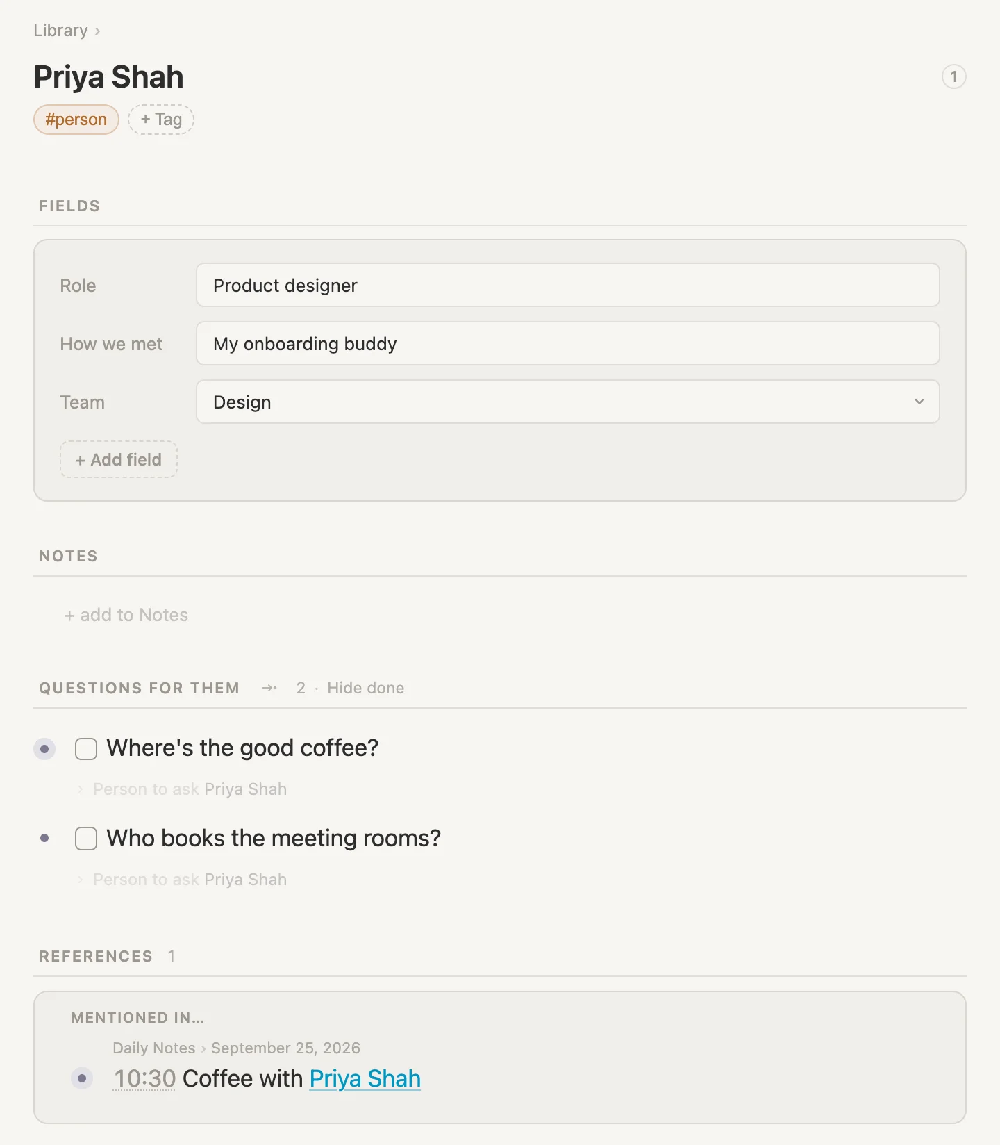 Priya's page with a Questions for them section under her notes, holding two questions with checkboxes