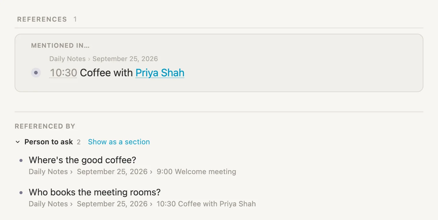 The bottom of Priya's page: References, and Referenced by with a group called Person to ask holding two questions