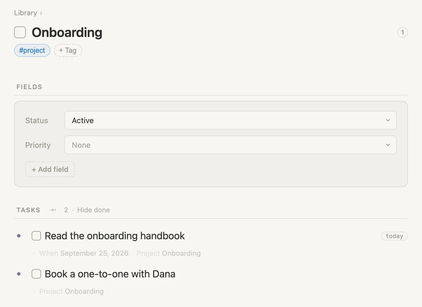 The Onboarding page: Status Active, and a Tasks section holding the handbook and a one-to-one with Dana
