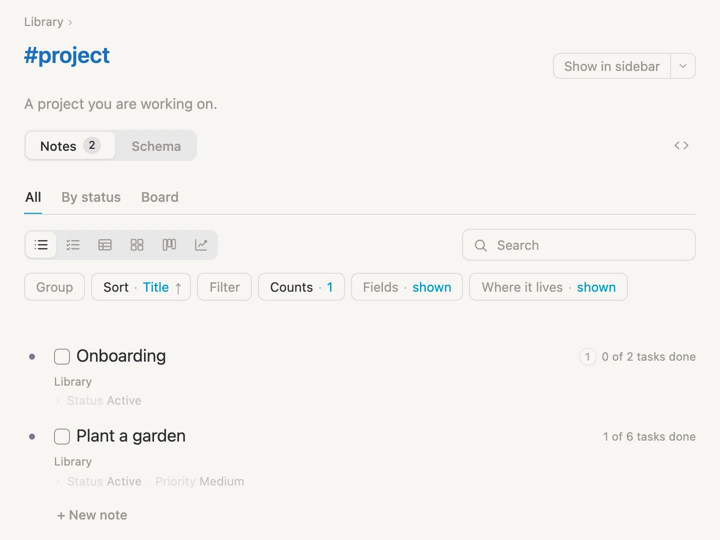 The Projects page: Onboarding, 0 of 2 tasks done, and Plant a garden, 1 of 6 tasks done