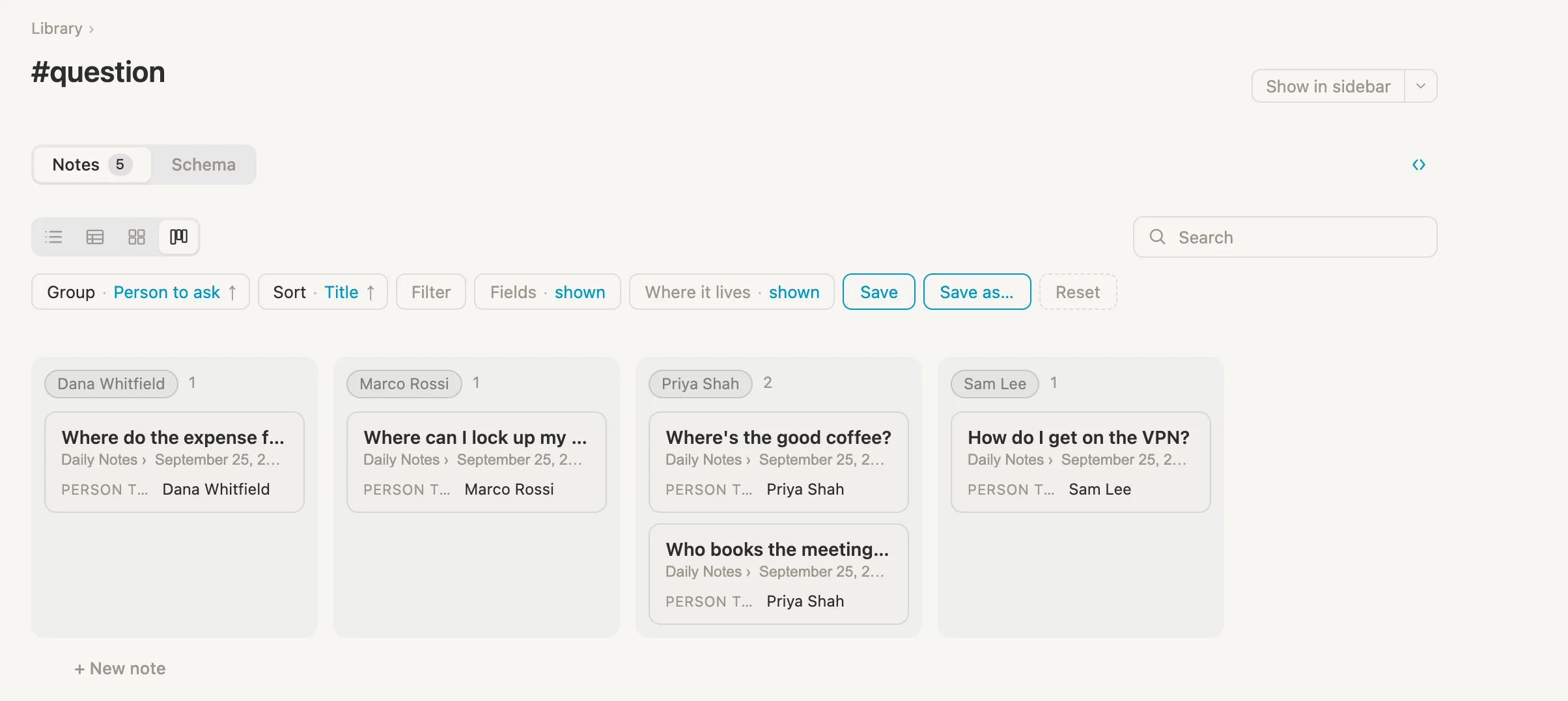 The #question page as a board, one column per person to ask
