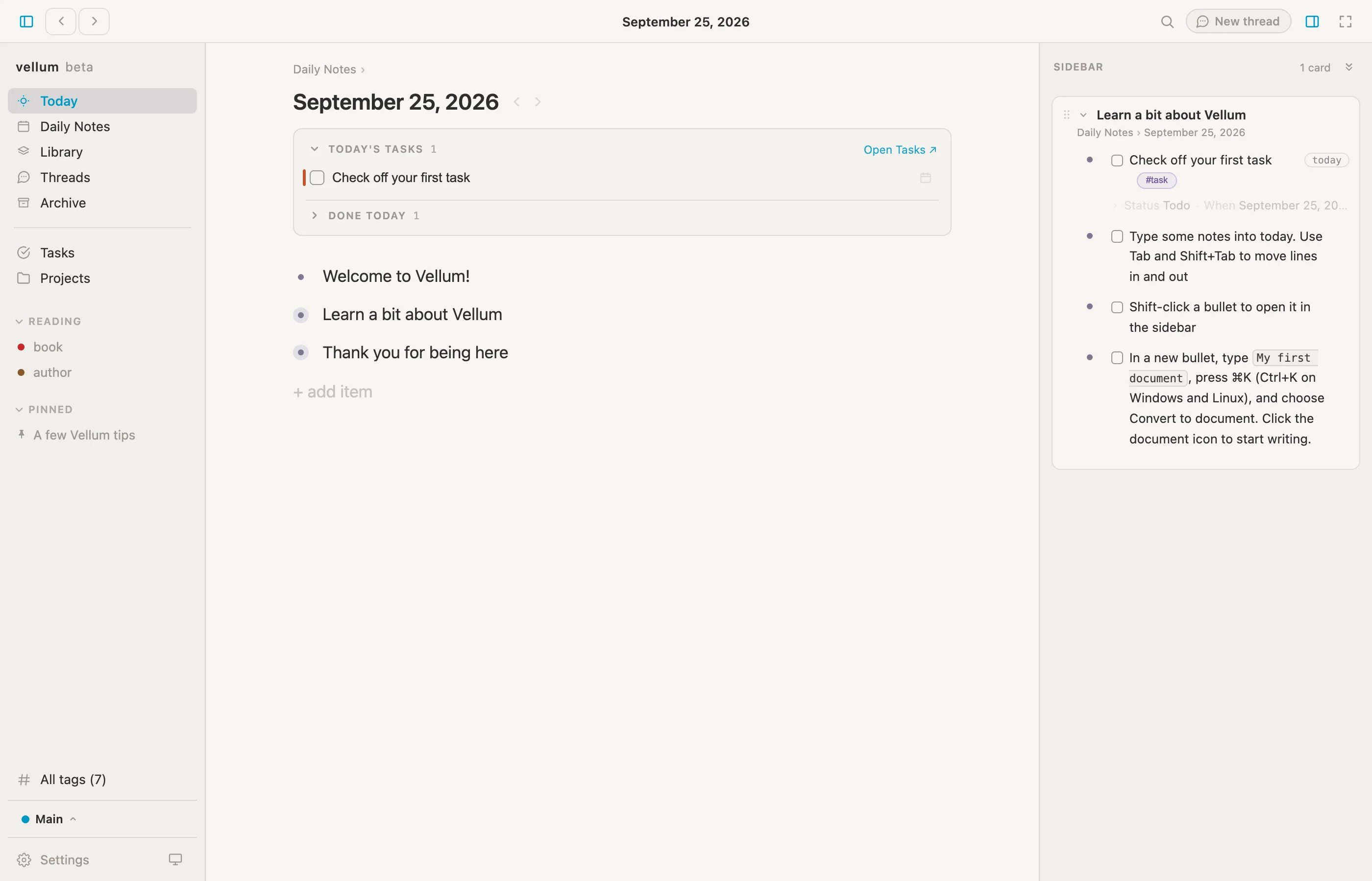 The whole window: the rail on the left, today's page in the middle, and the welcome tour open in the sidebar on the right